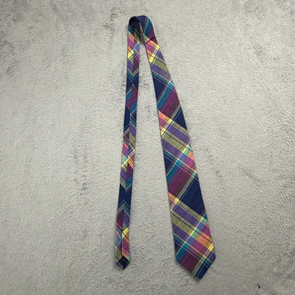Rooster Mens Vintage Plaid Cotton Necktie Purple Blue Yellow Made in USA